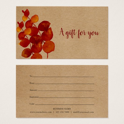 Cadeaubon met rustieke eucalyptusblaadjes visitekaartje (Voorkant /achterkant)