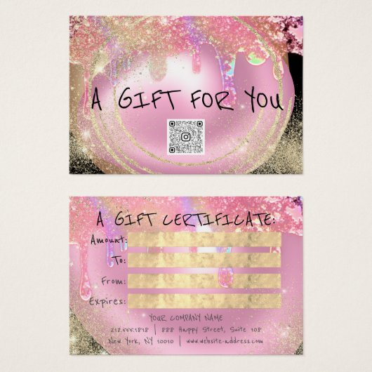 Cadeaubon Nagels Roze Make-up Drips QR Code Visitekaartje (Voorkant /achterkant)