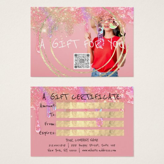 Cadeaubon Nagels Roze Make-up Drips QR Foto Visitekaartje (Voorkant /achterkant)