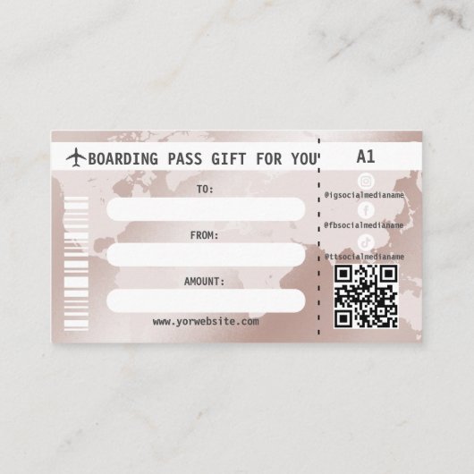 Cadeaubon Paspoort Wereldkaart Boarding Pass Visitekaartje (Achterkant)