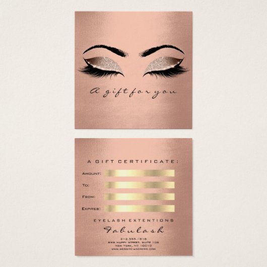 Cadeaubon Roos Gold Glitter Lashes Makeup Vierkante Visitekaartjes (Voorkant /achterkant)