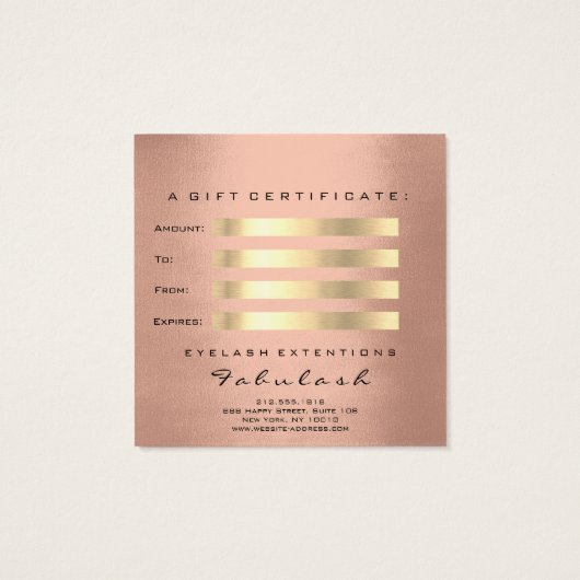 Cadeaubon Roos Gold Glitter Lashes Makeup Vierkante Visitekaartjes (Achterkant)