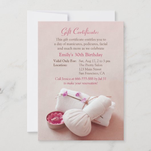 Cadeaubon Spa Verjaardagsfeest Uitnodigingen (Voorkant)