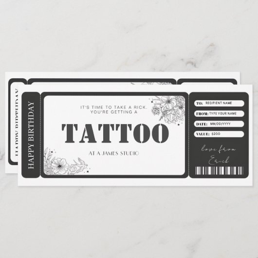 Cadeaubon Tattoo Ticket Kaart (Voorkant / Achterkant)