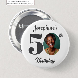 Cadeaubon voor 50e verjaardagsfeest met foto ronde button 5,7 cm