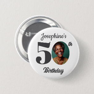 Cadeaubon voor 50e verjaardagsfeest met foto ronde button 5,7 cm