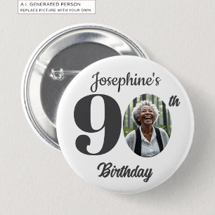Cadeaubon voor 90e verjaardagsfeest met foto ronde button 5,7 cm