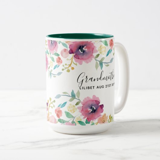 Cadeaubon voor oma - Mooie pruimroze bloemen perso Tweekleurige Koffiemok (Voorkant rechts)