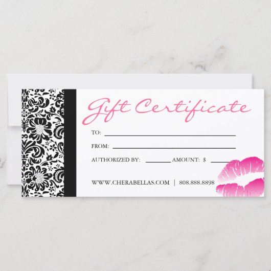 Cadeaubonnen Salon Spa Pink Damask Lijst Lips (Voorkant)