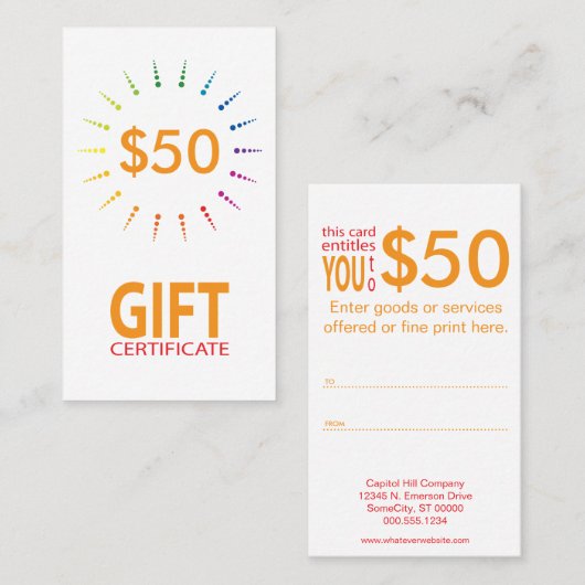 cadeaucertificaat regenboogBurst Kortingskaartje (Voorkant / Achterkant)