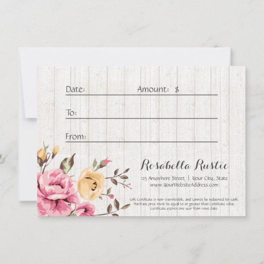 Cadeaucertificaat Shabby Chic Floral Rustial Wood (Achterkant)