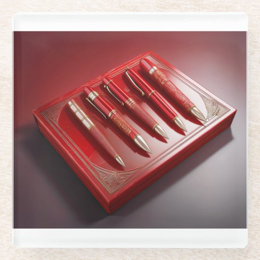 Cadeaudoos en vijf unieke balpennen glazen onderzetter (Voorkant)
