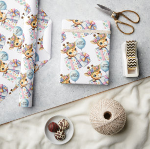 Cadeaudoos met baby giraffe surprise Happy Birthda Cadeaupapier