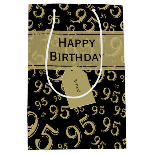 CadeauLabel Verjaardag 95 Nummer Patroon zwart/gou Medium Cadeauzakje (Voorkant)