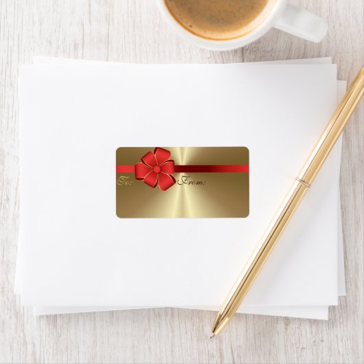 Cadeaulabels - Red Bow en lint op goud Etiket (Insitu)