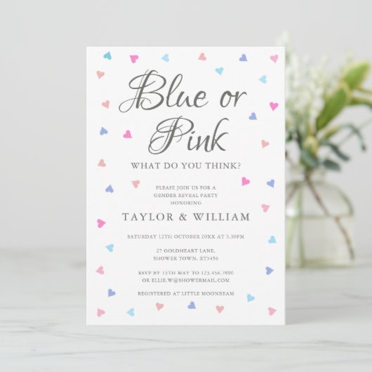 Cadeauonthullingsparty met blauwe of roze harten kaart (Staand voorkant)