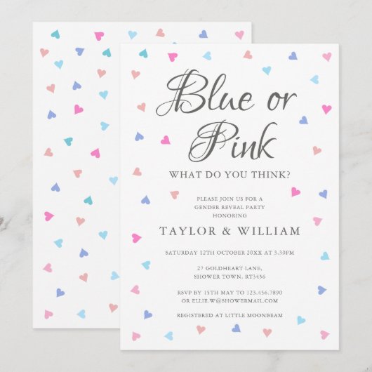 Cadeauonthullingsparty met blauwe of roze harten kaart (Voorkant / Achterkant)