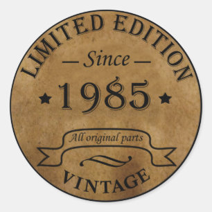 Cadeaupakket voor verjaardagsfeestje uit 1985 ronde sticker