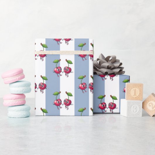 Cadeaupapier Blauw & Wit Streep Kersen (Baby Shower)