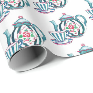Cadeaupapier - Blauwe gestreepte theepot, kop en s