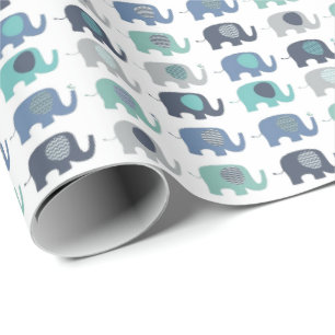Cadeaupapier - Blauwe, Groene & Grijze Olifanten