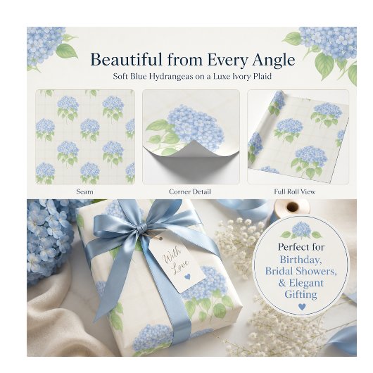 Cadeaupapier | Blauwe Hortensia | Luxe Ivoorkleuri