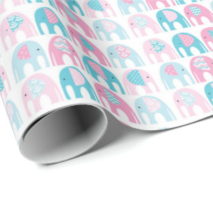 Cadeaupapier - Blauwe & Roze Olifanten
