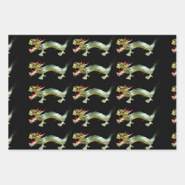 Cadeaupapier - Chinese Draken op Drie Kleuren