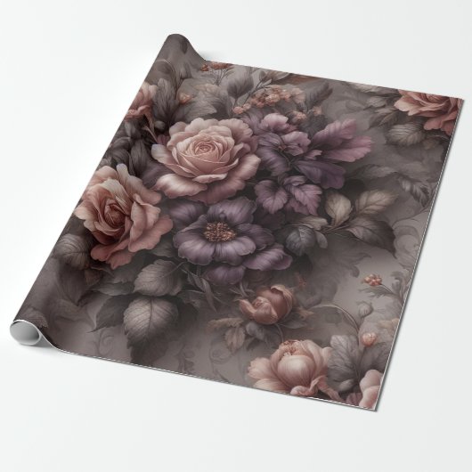 Cadeaupapier Floral Plum Copper Roos (Uitgerold)
