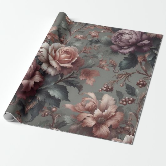 Cadeaupapier Floral Plum Copper Roos (Uitgerold)