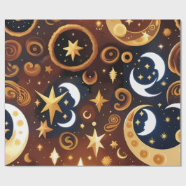 Cadeaupapier - Goud Okergoud Hemelse Maanpatroon