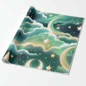 Cadeaupapier – Luxe Mintgroene Hemelse Maan (Uitgerold)