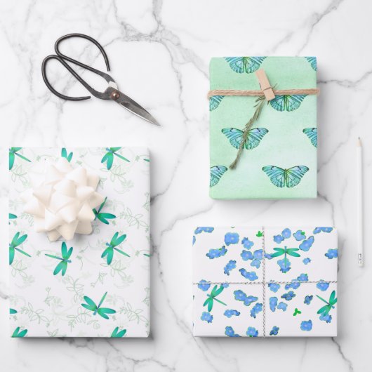 Cadeaupapier met libellen en vlinders assortiment (Voorkant)