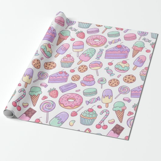 Cadeaupapier met pastelkleurige desserts (Uitgerold)