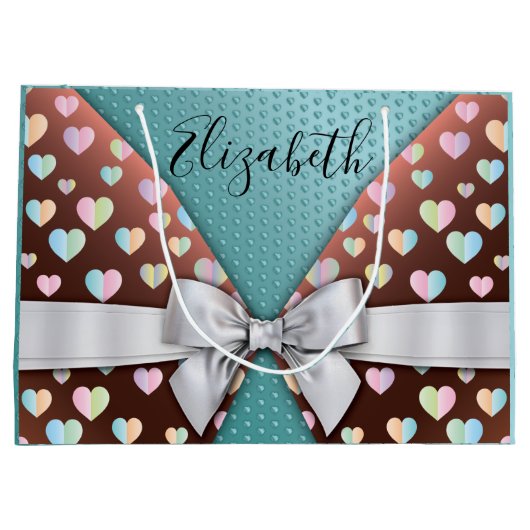 Cadeaupapier met strik en hartstippen groot cadeauzakje (Achterkant)