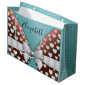 Cadeaupapier met strik en hartstippen groot cadeauzakje (Voorkant Gekanteld)