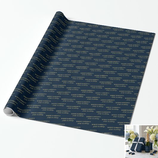 Cadeaupapier Naam Leeftijd Navy & Goud 80ste Verja