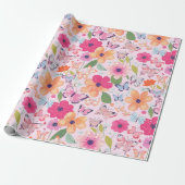 Cadeaupapier, Roze Bloemen en Vlinders Cadeaupapier (Uitgerold)