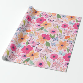 Cadeaupapier, Roze Bloemen en Vlinders Cadeaupapier