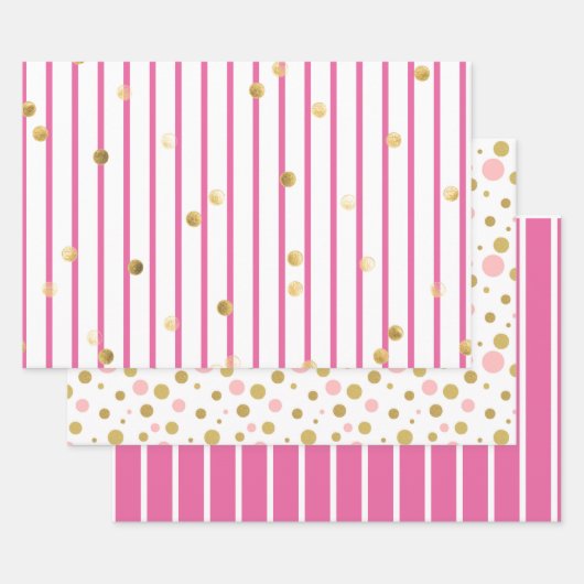 Cadeaupapier Set - Roze Gouden Strepen Stippen (Set)