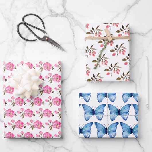 Cadeaupapier Set van 3 - Bloemig Vlinder Design (Voorkant)