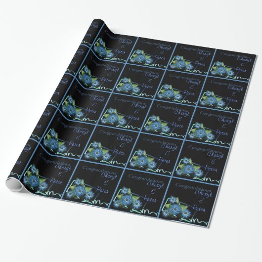 Cadeaupapier sjabloon Chic Blue zwart bloemmotief (Uitgerold)