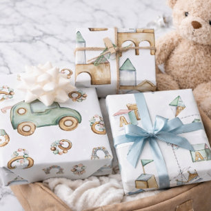 Cadeaupapier voor speelgoed en auto's in pastelkle