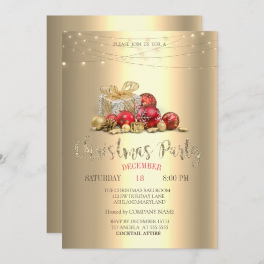 Cadeaus, Ballen, String Lights Gouden Kerst Kaart (Voorkant / Achterkant)