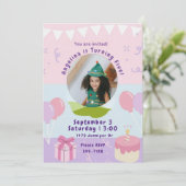 Cadeaus en Cake | Roze Paarse meisjesfeest Kaart (Staand voorkant)