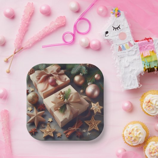 Cadeaus en kerstversieringen papieren bordje (Feest)