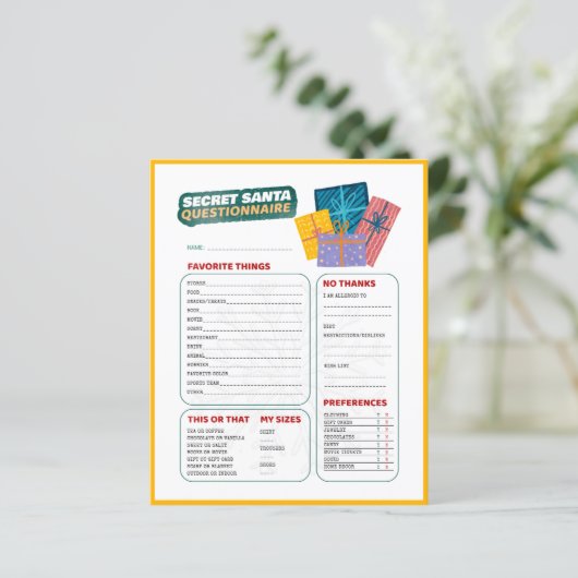 Cadeaus Kerst Spel Geheim Santa Questionnaire (Staand voorkant)