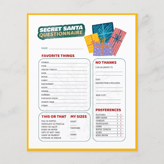 Cadeaus Kerst Spel Geheim Santa Questionnaire (Voorkant)