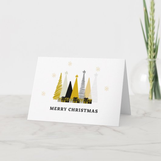 Cadeaus kerstfeestdag met zwarte gouden kerstbomen kaart (Voorkant)