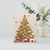 Cadeaus met een goudstaafje rond de luie kerst aankondigingskaart (Staand voorkant)